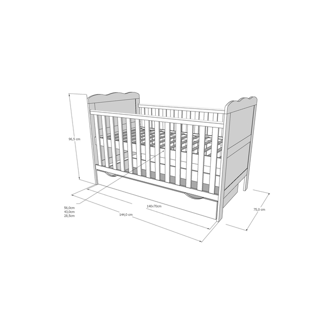 Baby Cradle Isabel 3 in 1 for mattress 70x140 cm with Drawer Grey