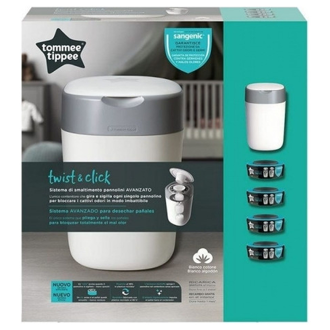 Tommee Tippee Twist and Click Nappy Disposal Bin+ 4 cassetes White 5010415510204