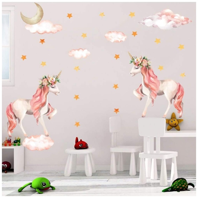 Unicorn Wallstickers For Baby Room -  Unicorn&Flowers (X000VBYKGB)
