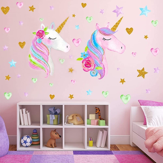 Unicorn Αυτοκόλλητα Τοίχου Για Παιδικό Δωμάτιο 3 Φύλλα Unicorn Hearts