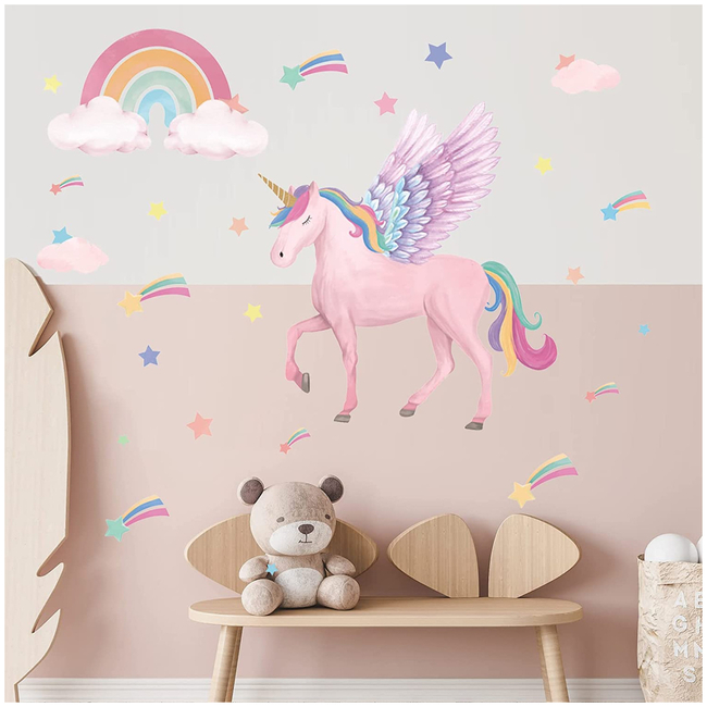Unicorn Αυτοκόλλητα Τοίχου Για Παιδικό Δωμάτιο Μονόκερος με Φτερά X001K9FJIB