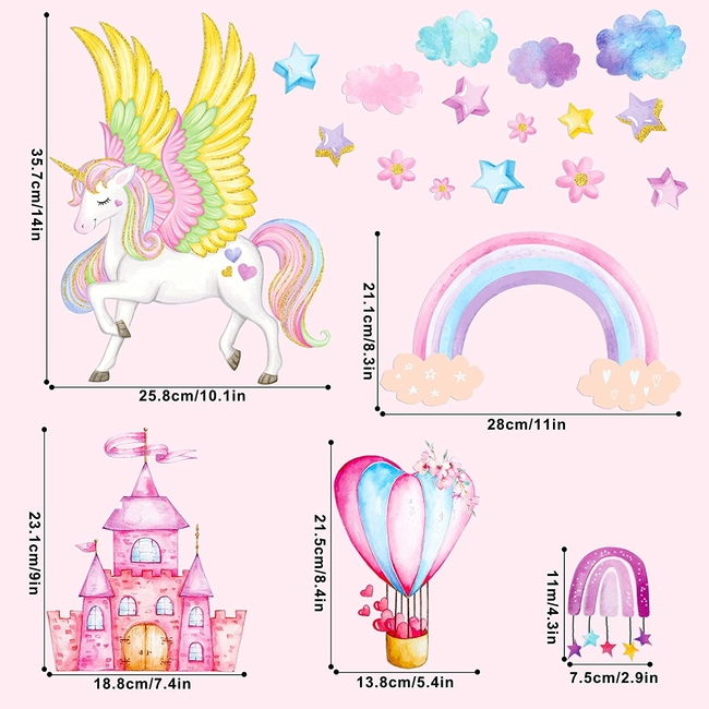 Unicorn Wallstickers For Baby Room 3 sheets Unicorn Castle