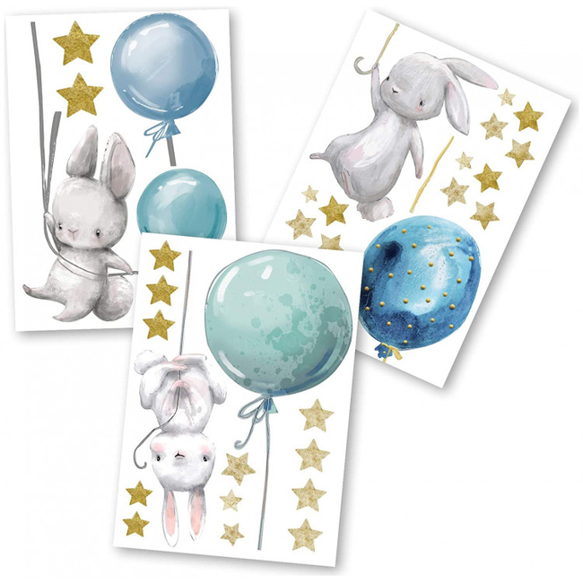 Wandsticker Wall stickers for kids bedroom 3 sheets 60x30 cm Rabbits with Balloons Blue X0019AEDID