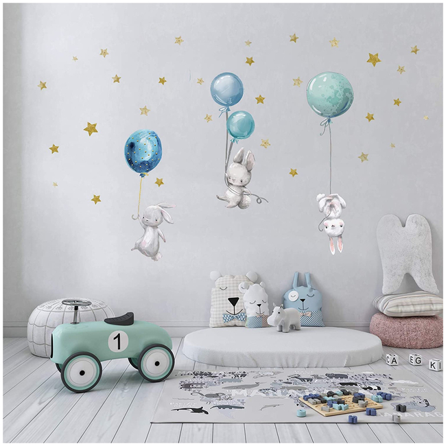Wandsticker Αυτοκόλλητα τοίχου για παιδικό υπνοδωμάτιο 3 φύλλα 60x30 cm Rabbits with Balloons Blue X0019AEDID
