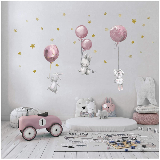 Wandsticker Wall stickers for kids bedroom 3 sheets 60x30 cm Rabbits with Balloons Pink X001B9PU9X