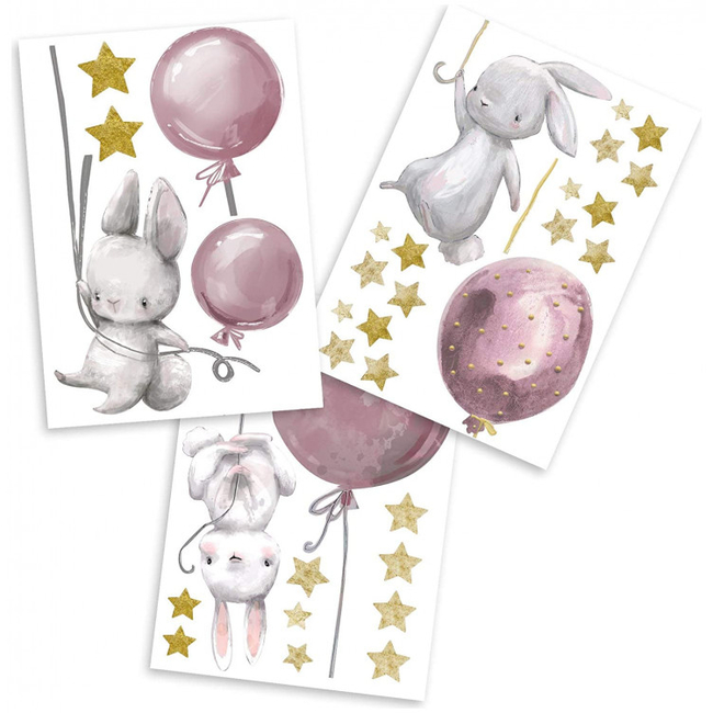 Wandsticker Wall stickers for kids bedroom 3 sheets 60x30 cm Rabbits with Balloons Pink X001B9PU9X