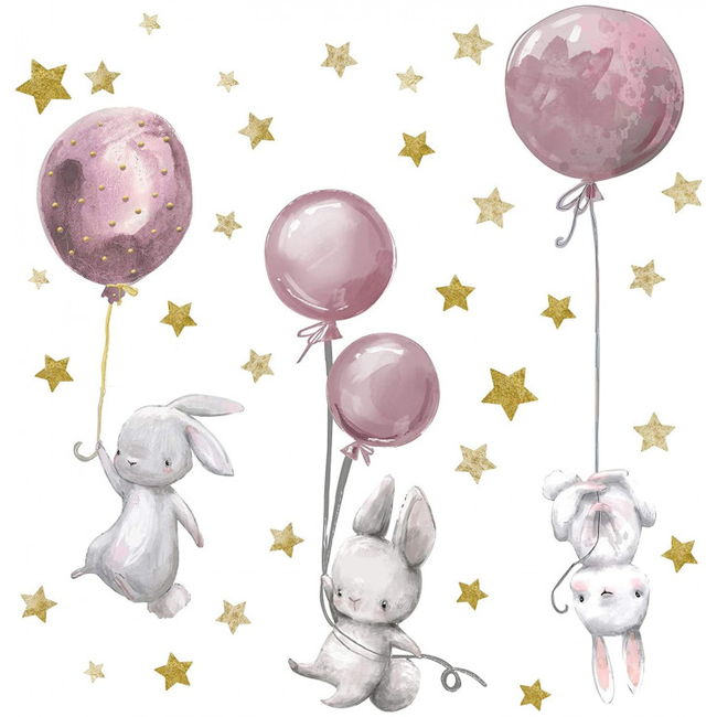 Wandsticker Αυτοκόλλητα τοίχου για παιδικό υπνοδωμάτιο 3 φύλλα 60x30 cm Rabbits with Balloons Pink X001B9PU9X