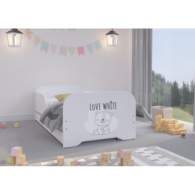 Toddler Children Kids Bed Including Mattress + Drawer 160x80cm - White Bear